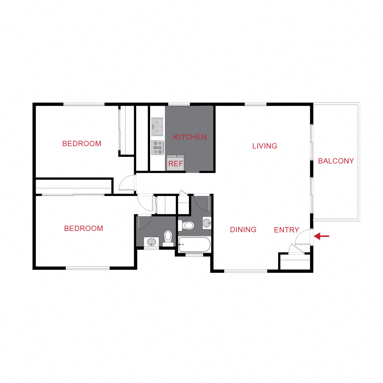 Floor plan for 2 beds, 2 baths, 960 sqft